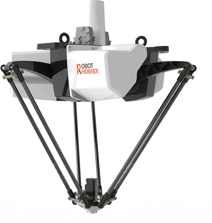 3本の細いアームが下方の1点に集まる、パラレルリンク（Delta）ロボット